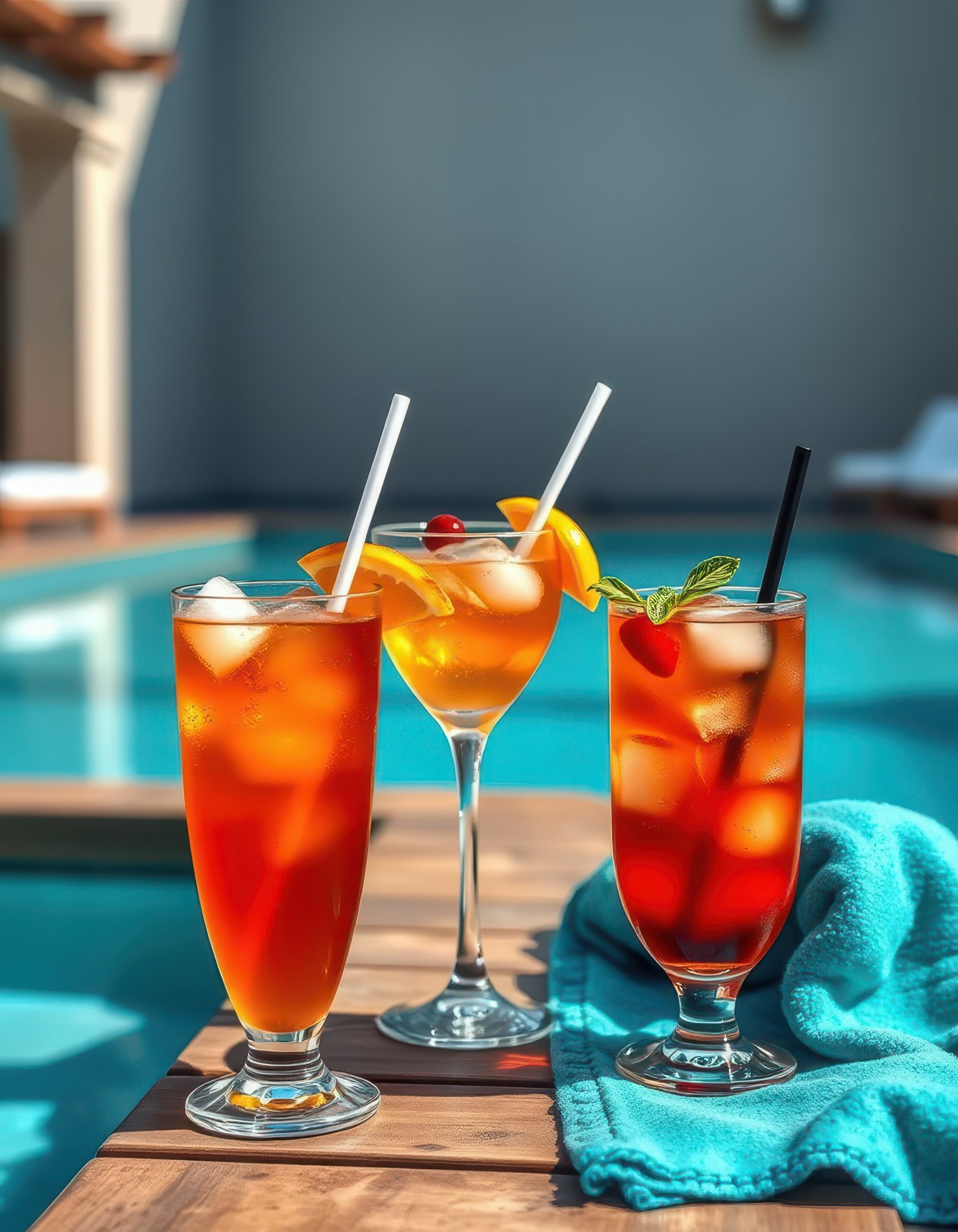 Refreshing cocktails by the poolside on a sunny day in a luxurious setting